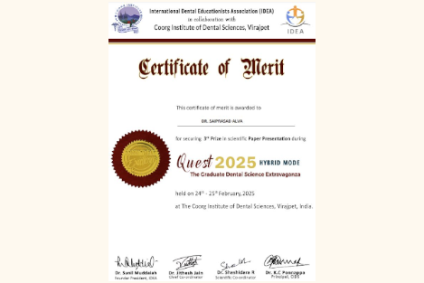 Dr. Saiprasad Alva & Dr. Sai Rachana Shine at Quest 9.0 with Scientific Paper Presentation Award!
