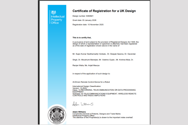 Dr. Moushumi Banerjee from FHMCT Secures UK Design Registration for AI-Driven Robotic Control Innovation